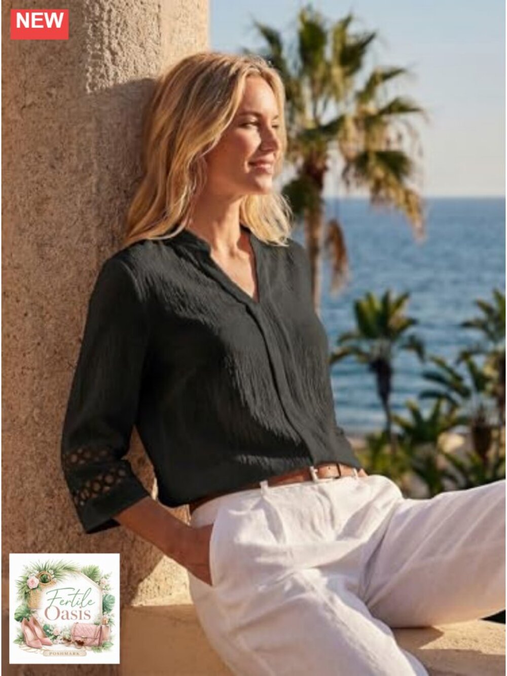 3/4 Sleeve V-Neck Pleated Blouse for Women Dressy Casual Office Top - Picture 4 of 6